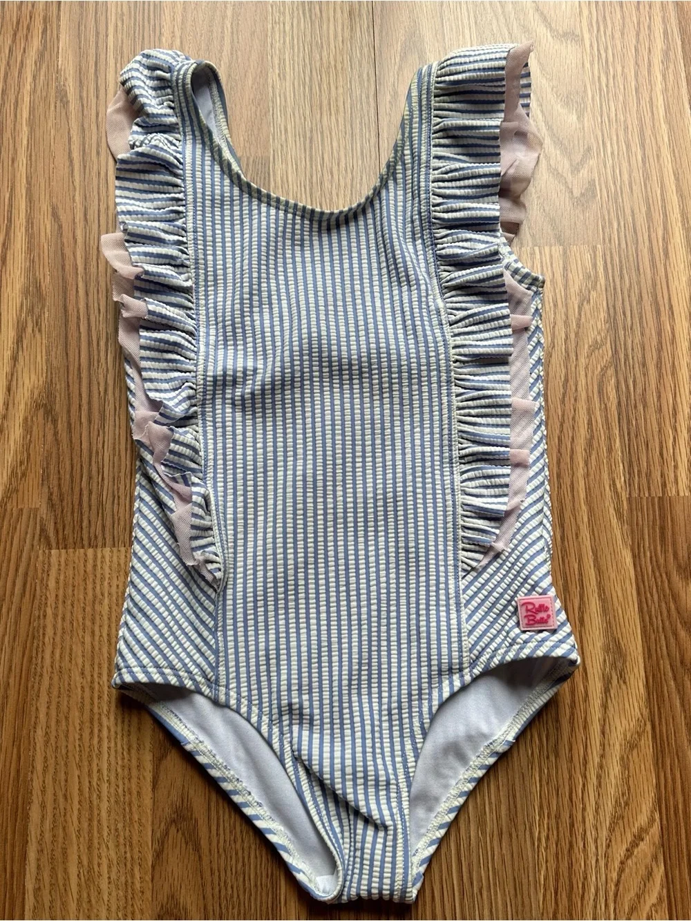 RuffleButts Seersucker Waterfall One Piece Swimsuit Blue UPF 50 Size 5